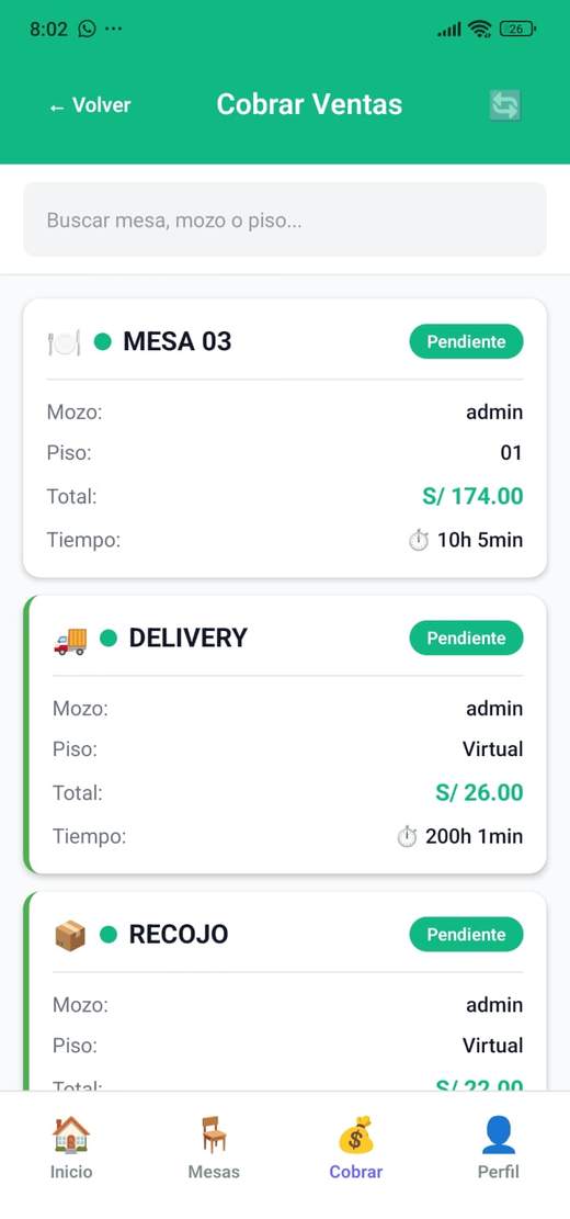 Lista de cuentas pendientes de cobro: mesa, delivery y recojo, cada una con su mozo, su total y el tiempo abierta.