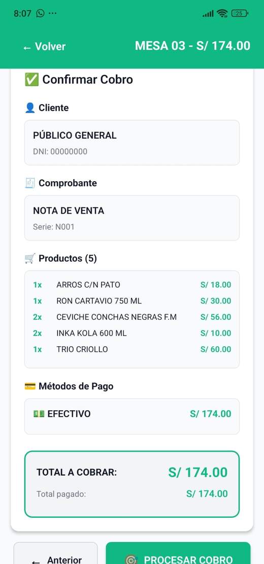 Pantalla de confirmar cobro con el cliente, el comprobante, los cinco productos, el método de pago y el total a cobrar.